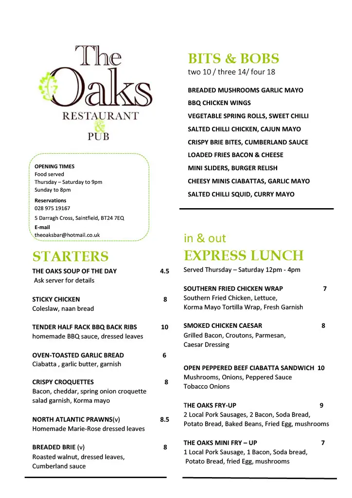Menu_The Oaks Bar & Restaurant_Ballynahinch_image_1