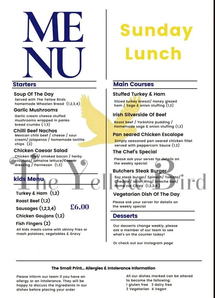 Menu_The Yellow Bird_Ballykelly_image_1