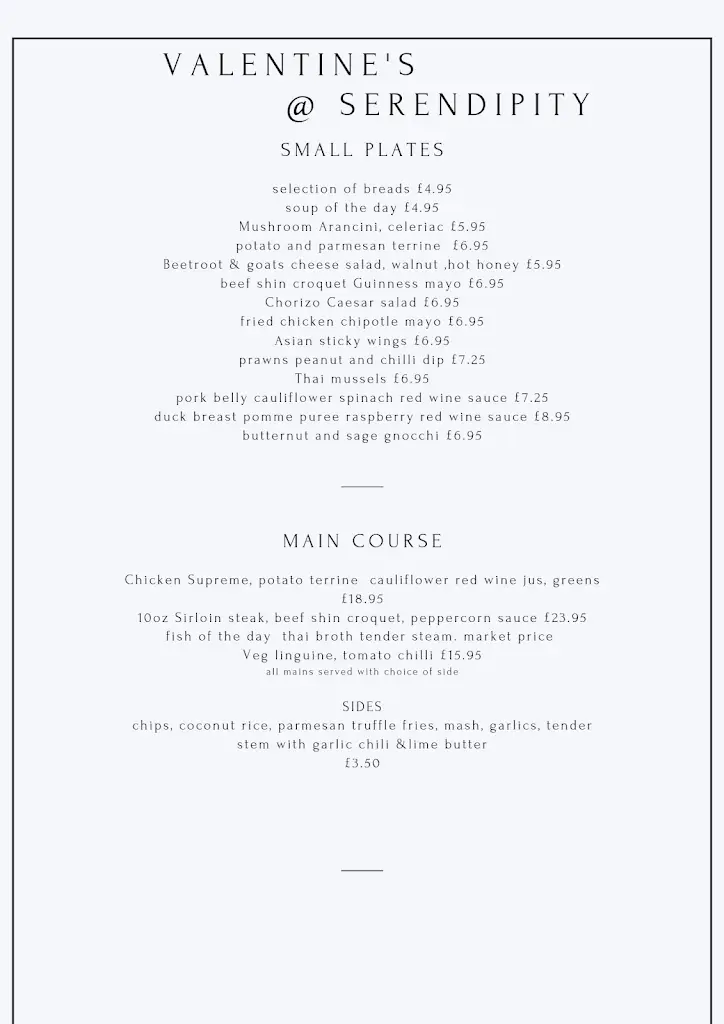Menu_Valentine's restaurant @ serendipity house derry_Londonderry County Borough_image_2