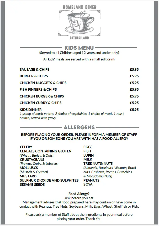 Menu_The Homeland Diner Cafe_Rathfriland_image_1