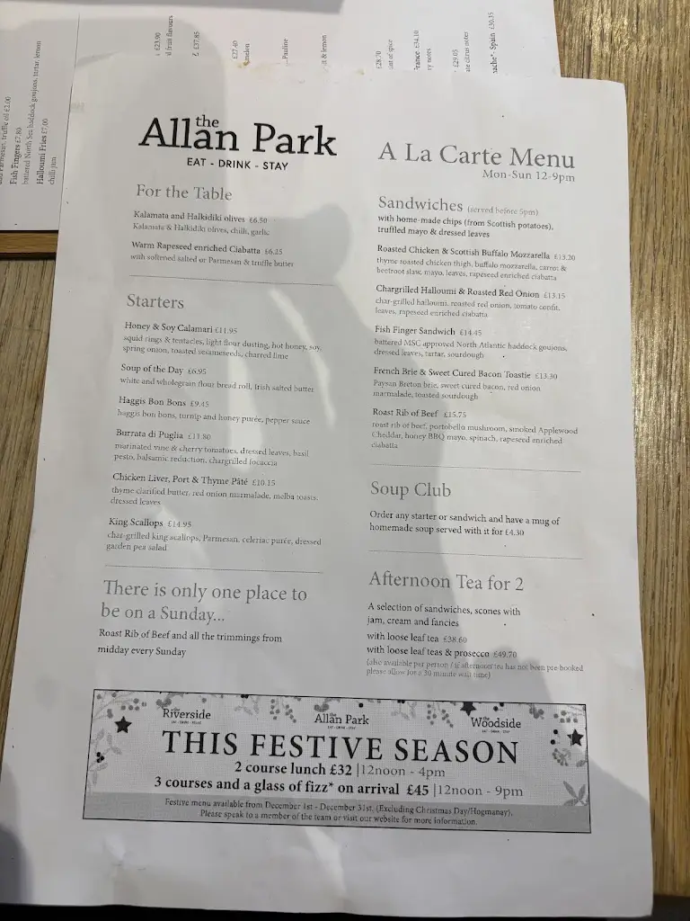 Menu_Allan Park - pub, restaurant & coffee house (w/ rooms)_Bannockburn_immagine_2
