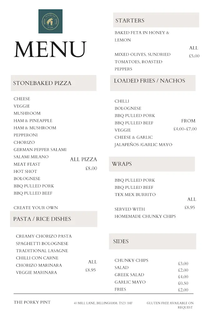 Menu_The Porky Pint_Billingham_image_1