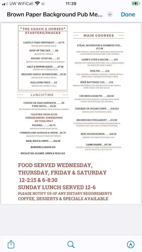 Menu_Coach & Horses_Billericay_image_1