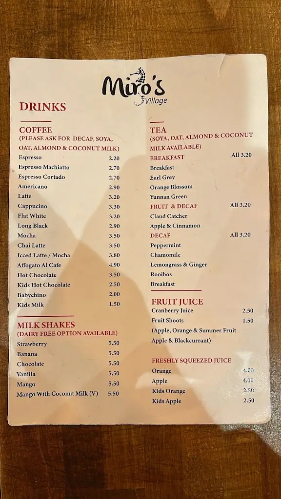 Menu_Miro's Village_Musselburgh_image_1