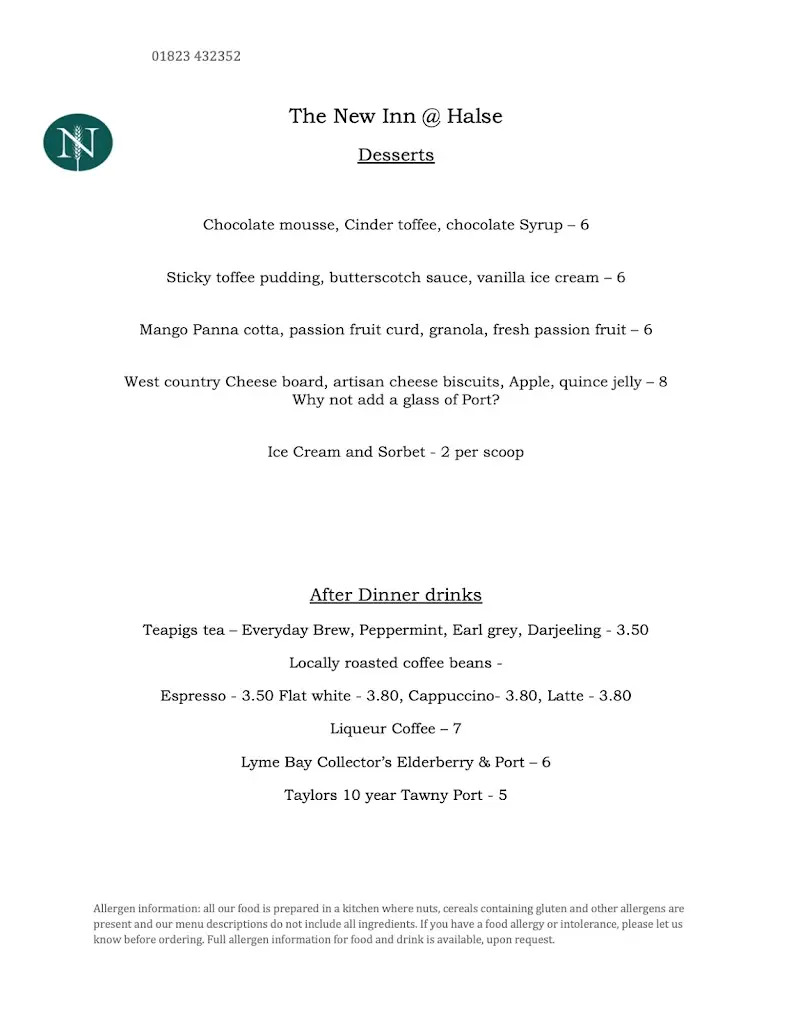 Menu_The New Inn_Bishops Lydeard_image_1
