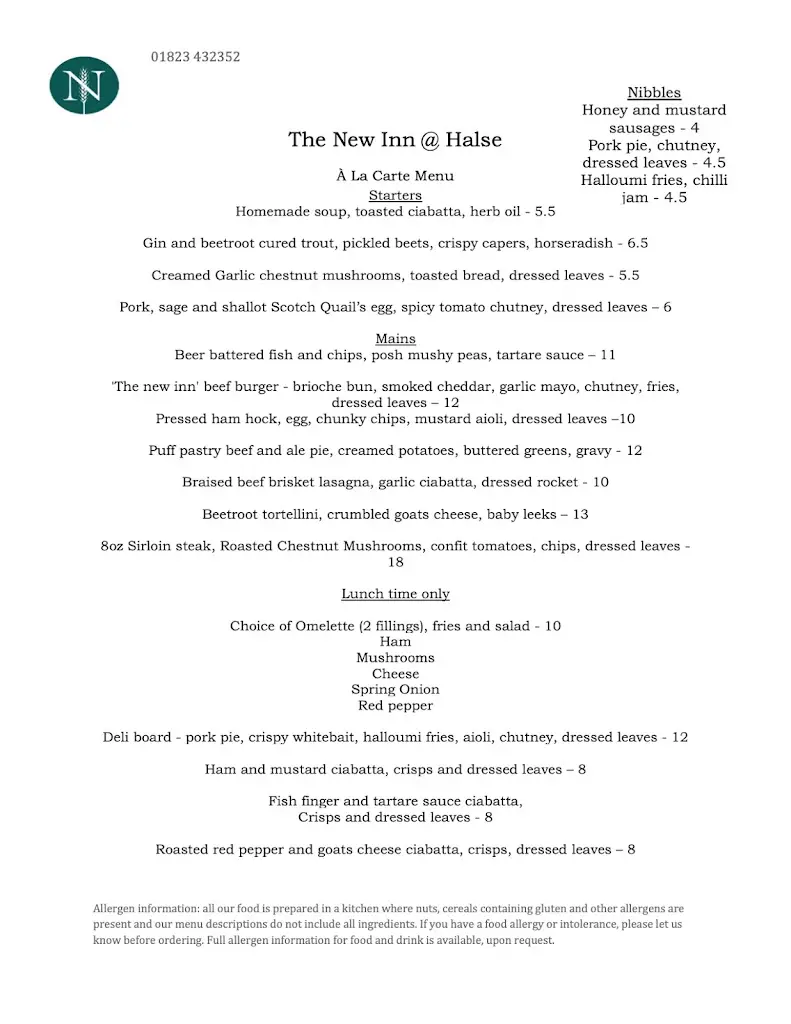 Menu_The New Inn_Bishops Lydeard_image_2