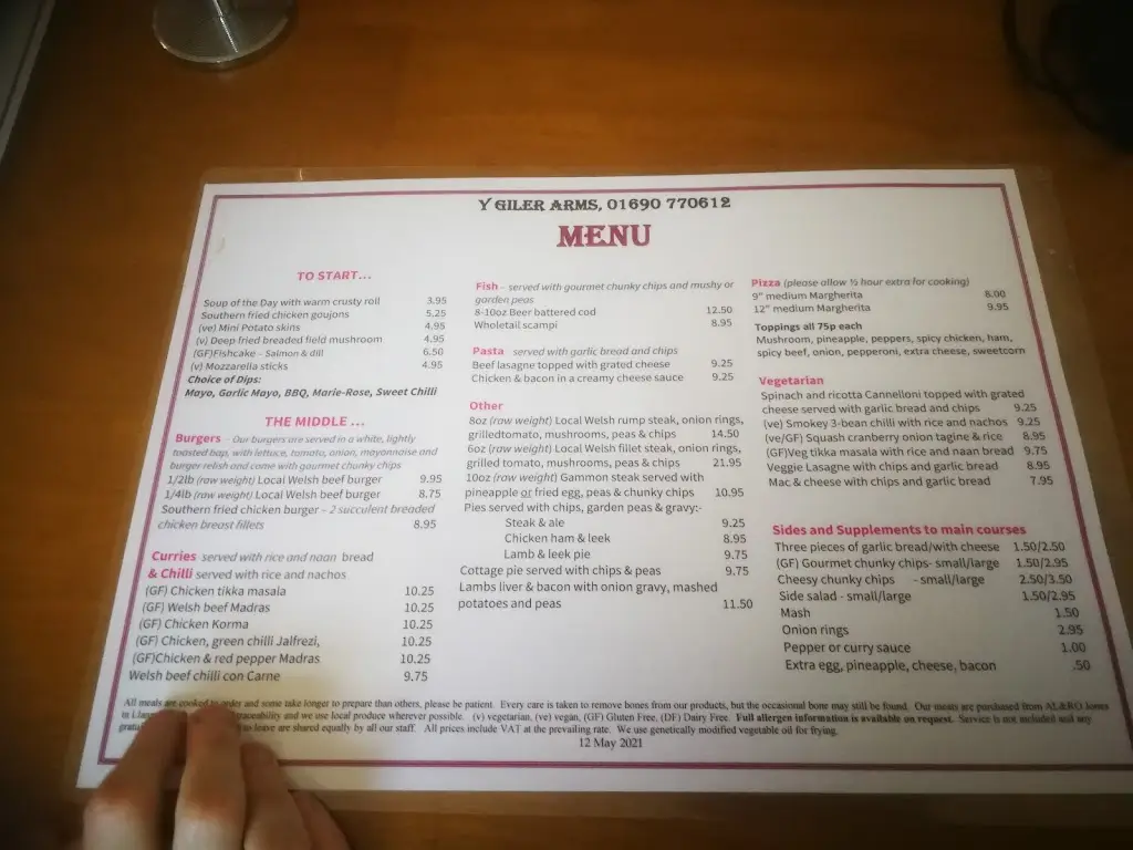 Menu_The Giler Arms_Betws-y-Coed_image_1