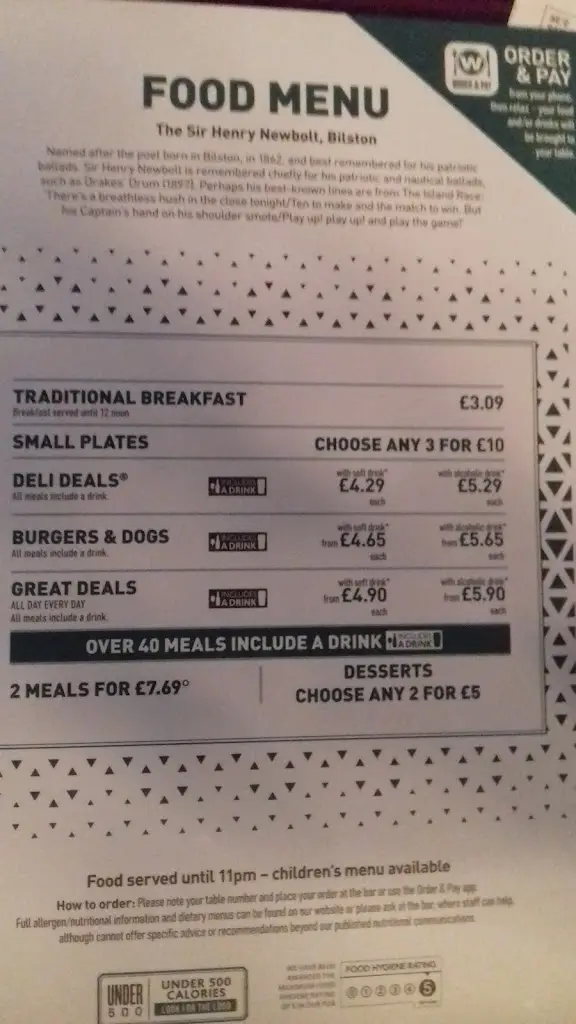 Menu_The Sir Henry Newbolt - JD Wetherspoon_Bilston_image_2