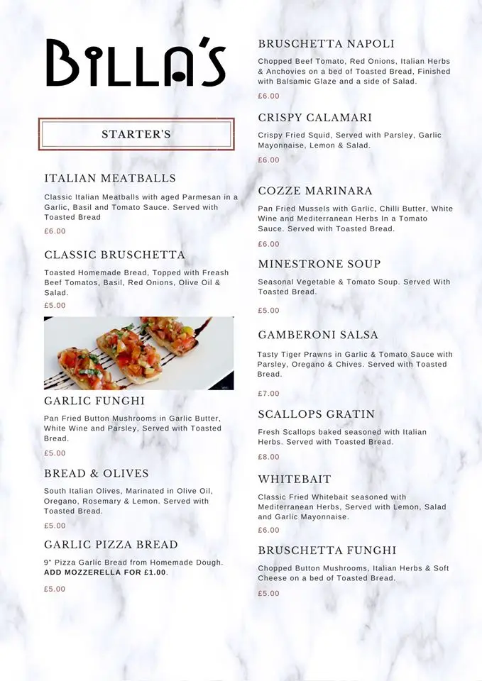 Menu_Billa's Italian Restaurant and Bar_Cwmbach_image_1