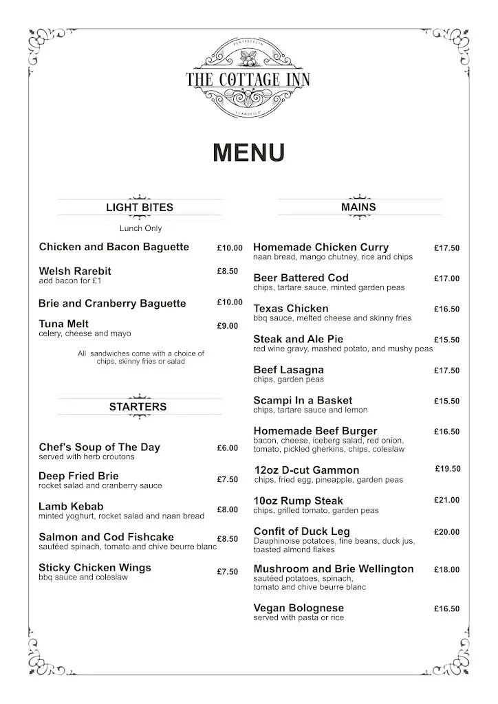 Menu_The Cottage Inn, Pentrefelin, Llandeilo_Llandeilo_image_2