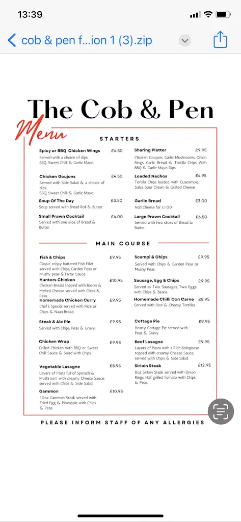 Menu_The Cob & Pen_Rhyl_image_1