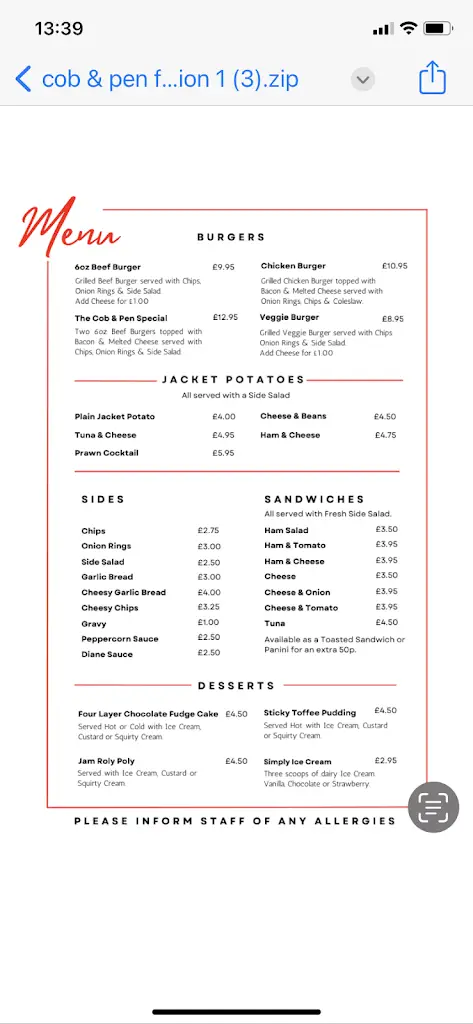 Menu_The Cob & Pen_Rhyl_image_2