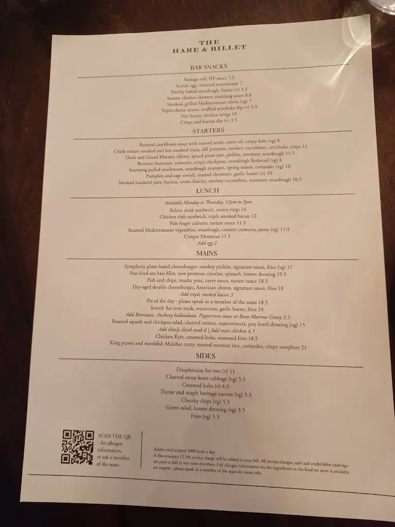 Menu_The Hare & Billet_Blackheath_image_1