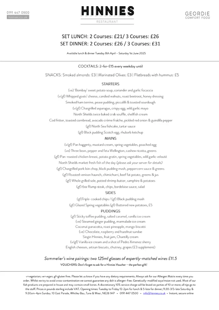 Menu_Hinnies Restaurant_Borough of North Tyneside_image_1