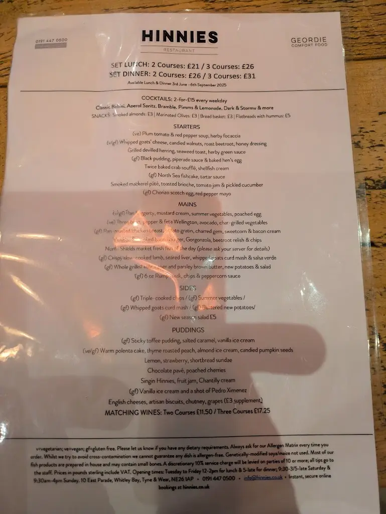 Menu_Hinnies Restaurant_Borough of North Tyneside_image_2
