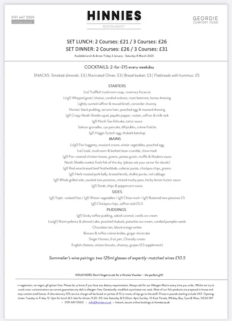 Menu_Hinnies Restaurant_Borough of North Tyneside_image_3