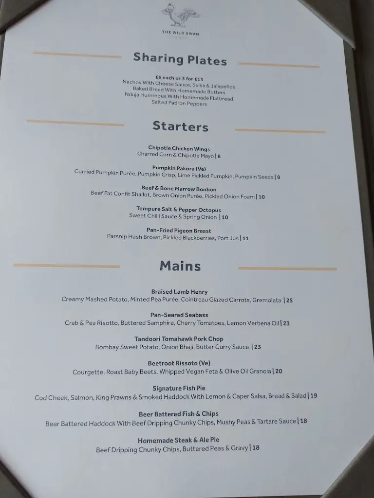 Menu_The Wild Swan_Boroughbridge_image_1
