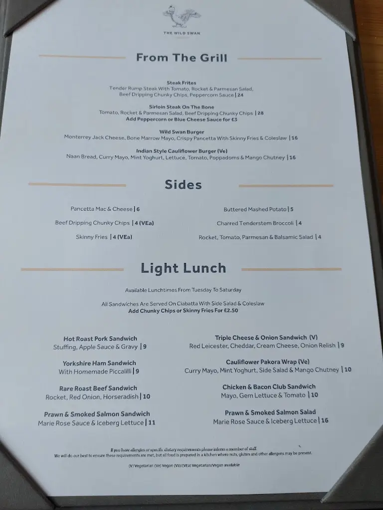 Menu_The Wild Swan_Boroughbridge_image_2