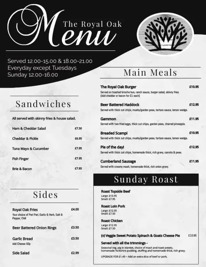 Menu_The Royal Oak_Bredon_image_3