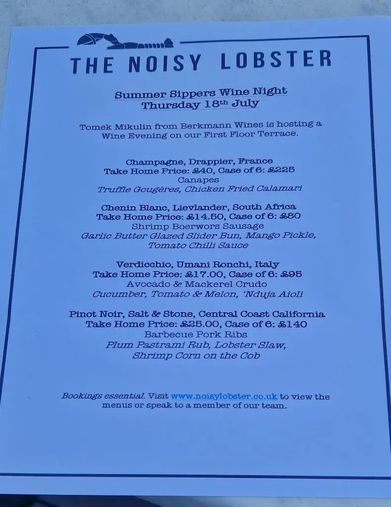 Menu_The Noisy Lobster_Bransgore_imagen_2