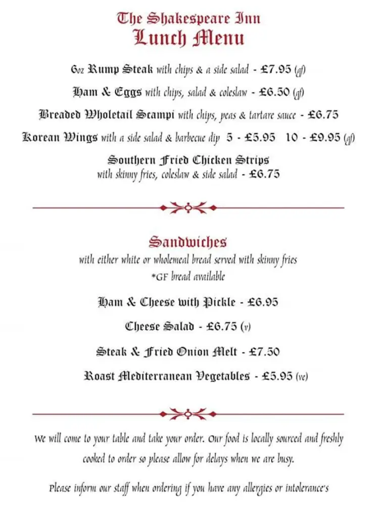 Menu_The Shakespeare Inn_Bridgnorth_immagine_1