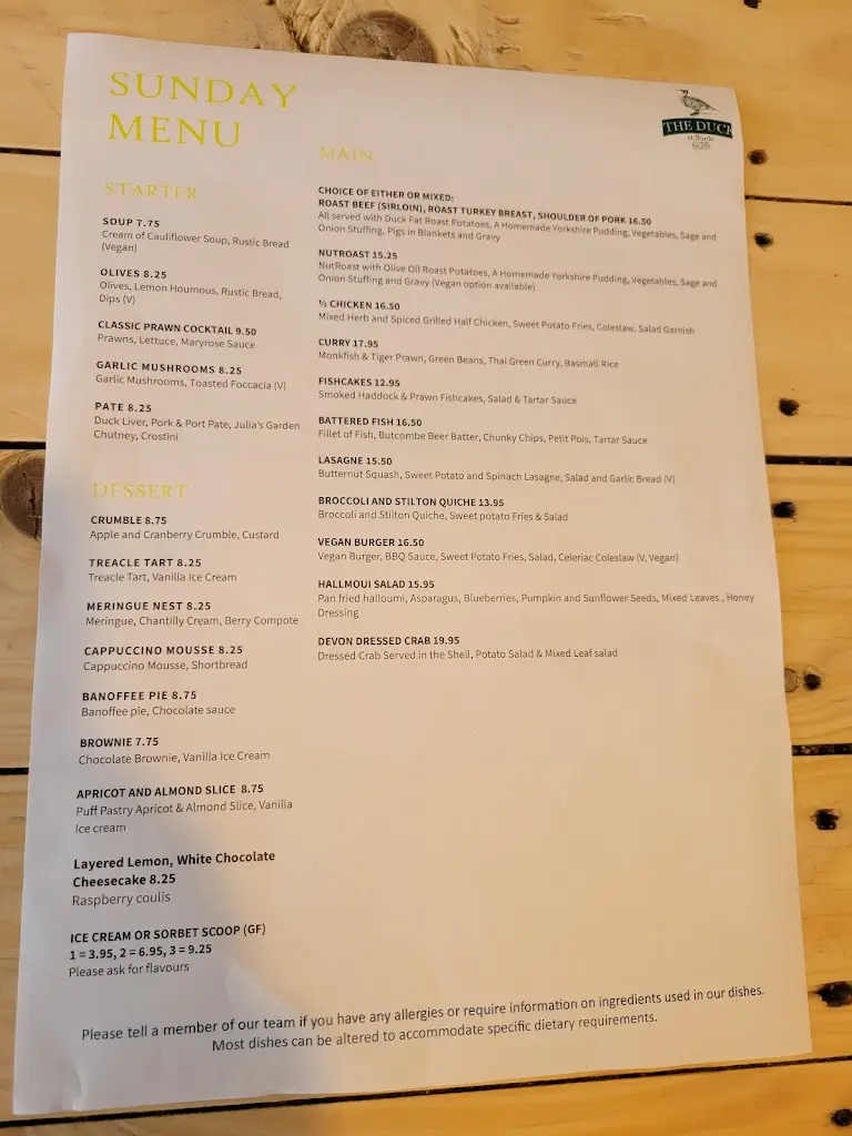 Menu_The Duck_Bridgwater_immagine_1