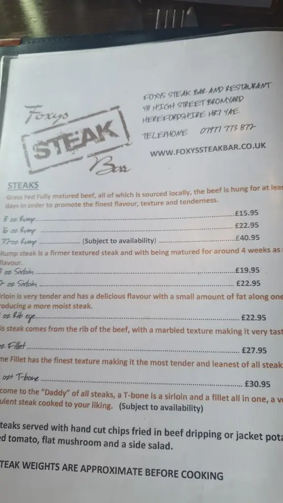 Menu_Foxy's Steak Bar_Bromyard_image_1