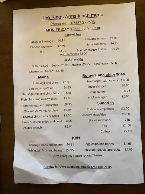 Menü_The Kings Arms_Bromyard_Bild_1