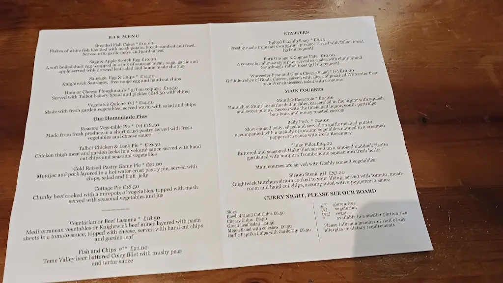 Menu_The Talbot at Knightwick_Bromyard_image_1