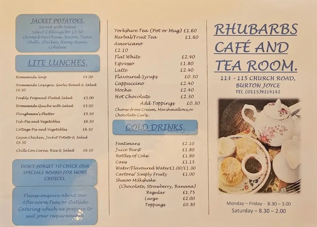 Menu_Rhubarbs Café/Tea Room_Burton Joyce_immagine_1