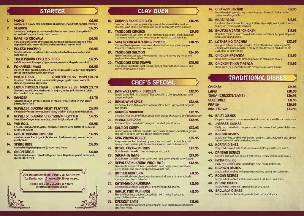 Menu_Nepalese Gurkha Restaurant_Camelford_imagen_1