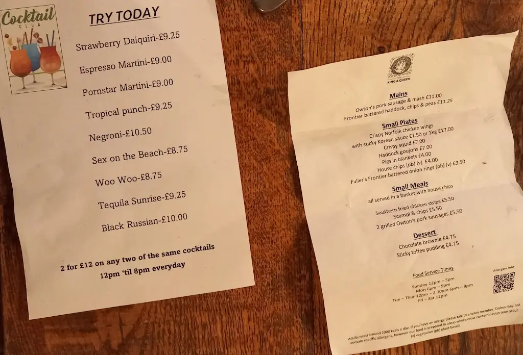 Menu_The King & Queen, Caterham on the Hill_Caterham_image_1