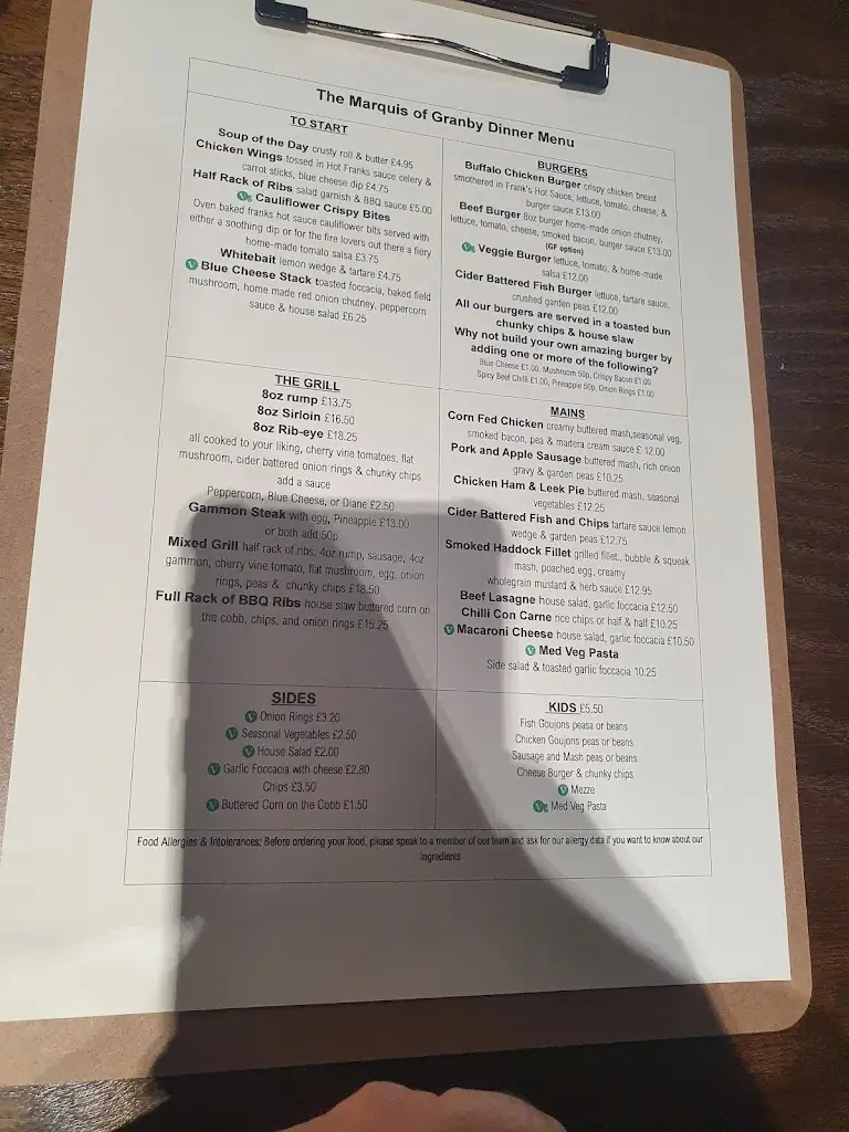 Menu_The Marquis of Granby_Chickerell_image_1