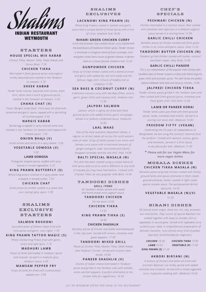 Menu_Shalims Indian Restaurant_Chickerell_imagen_1