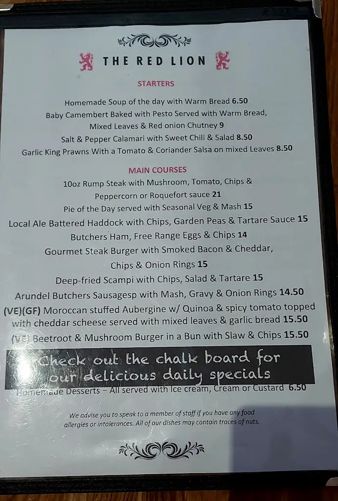 Menu_The Red Lion_Arundel_image_1
