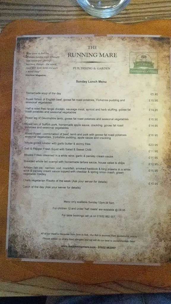 Menu_The Running Mare._Cobham_image_2