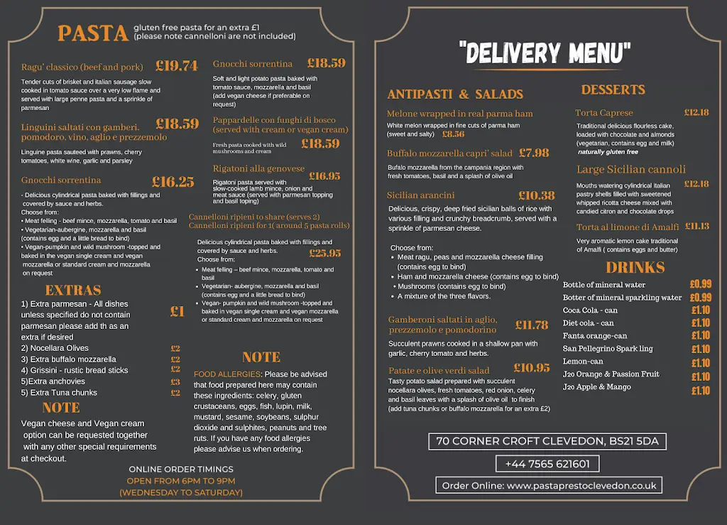 Menu_Pasta Presto Clevedon - authentic Italian takeaway delivery_Clevedon_image_1