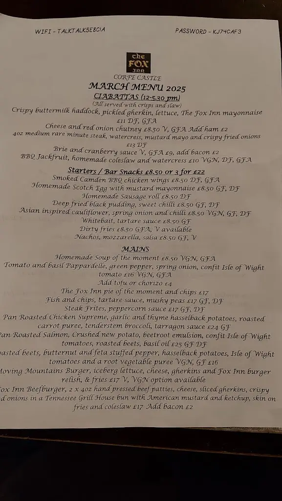 Menu_The Fox Inn_Corfe Castle_image_1