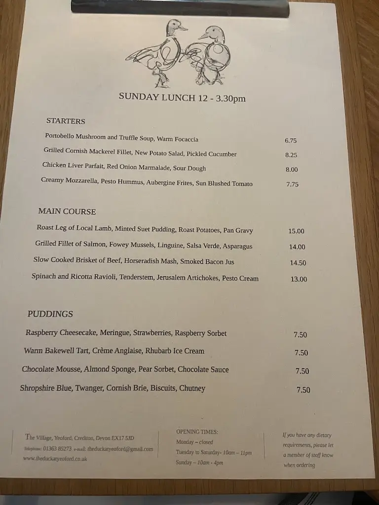Menu_The Duck at Yeoford_Copplestone_image_3