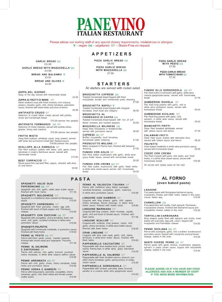 Menu_Panevino Italian Restaurant Sleaford_Cranwell_immagine_1
