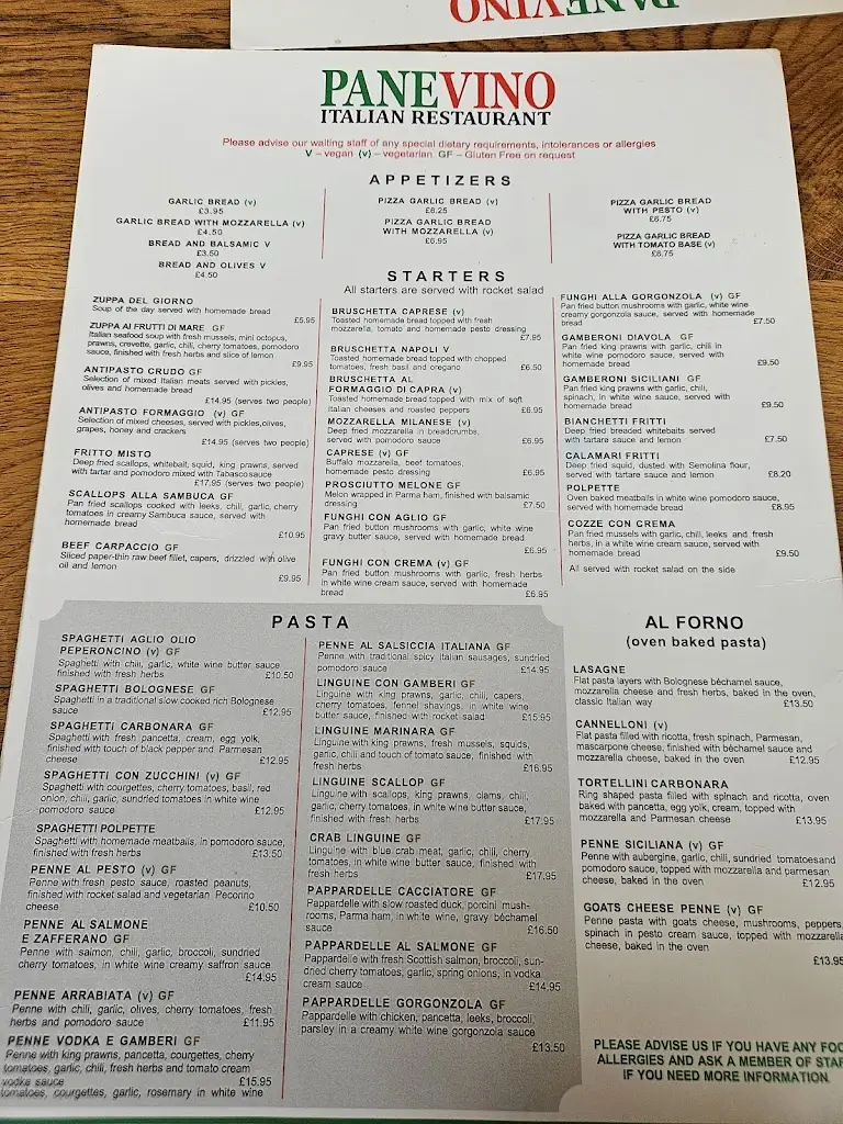 Menu_Panevino Italian Restaurant Sleaford_Cranwell_immagine_2
