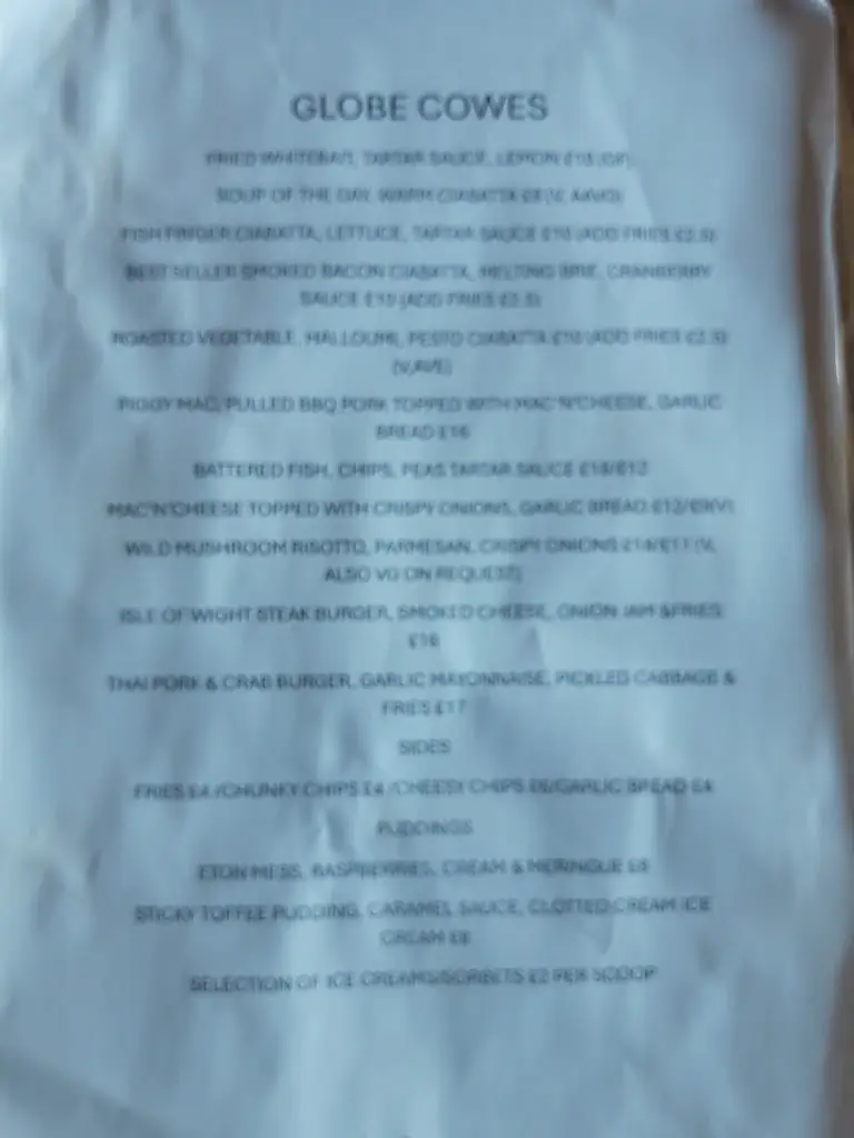 Menu_The Globe_Cowes_image_1