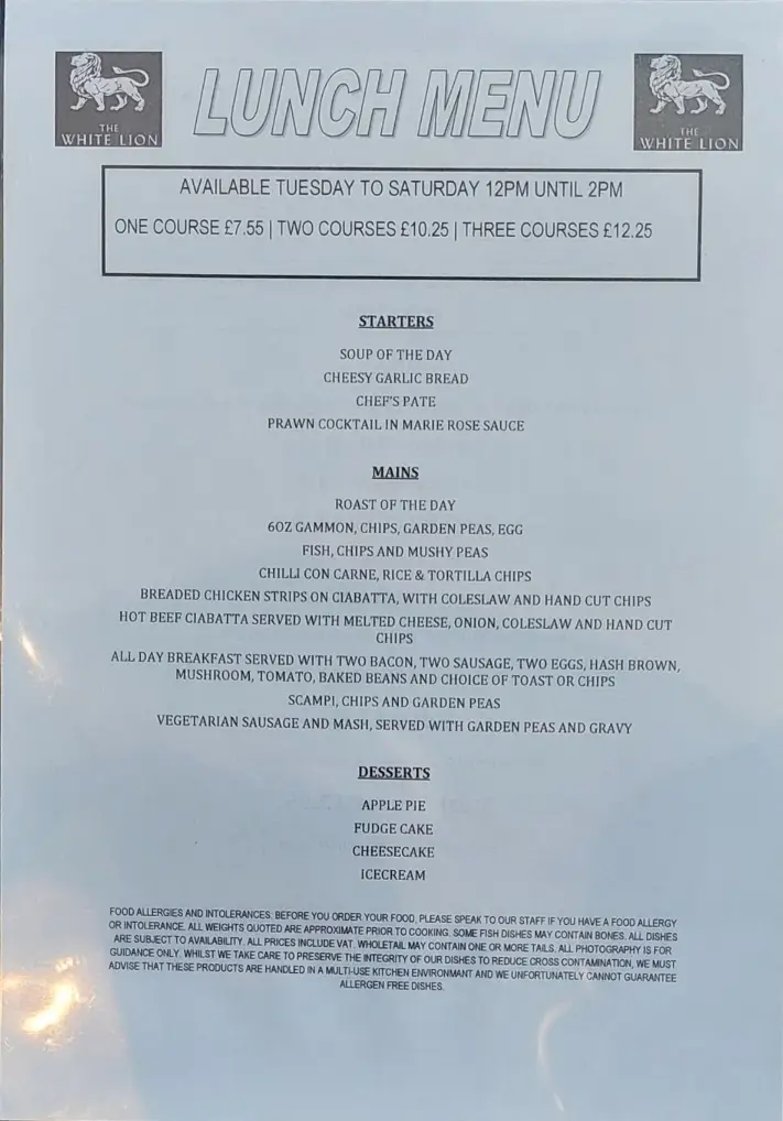 Menu_The White Lion_Crewe_image_1