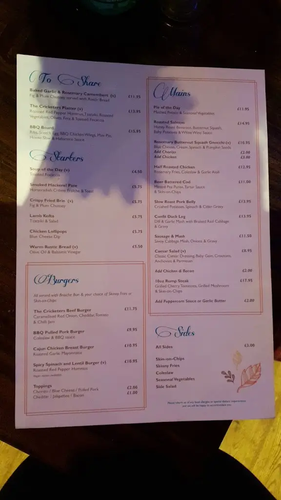 Menu_Cricketers Row Town_Addlestone_immagine_2