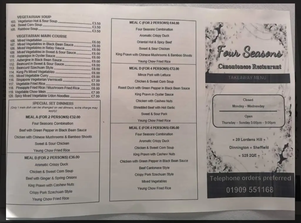 Menu_Four Seasons Cantonese Restaurant_Dinnington_image_1