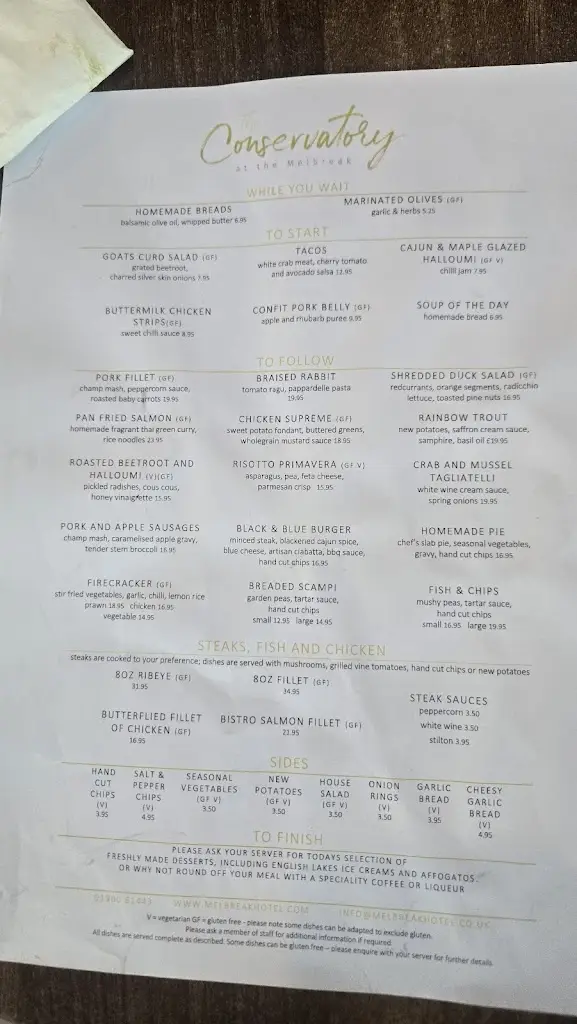 Menu_The Conservatory Restaurant at The Melbreak Hotel_Distington_image_1