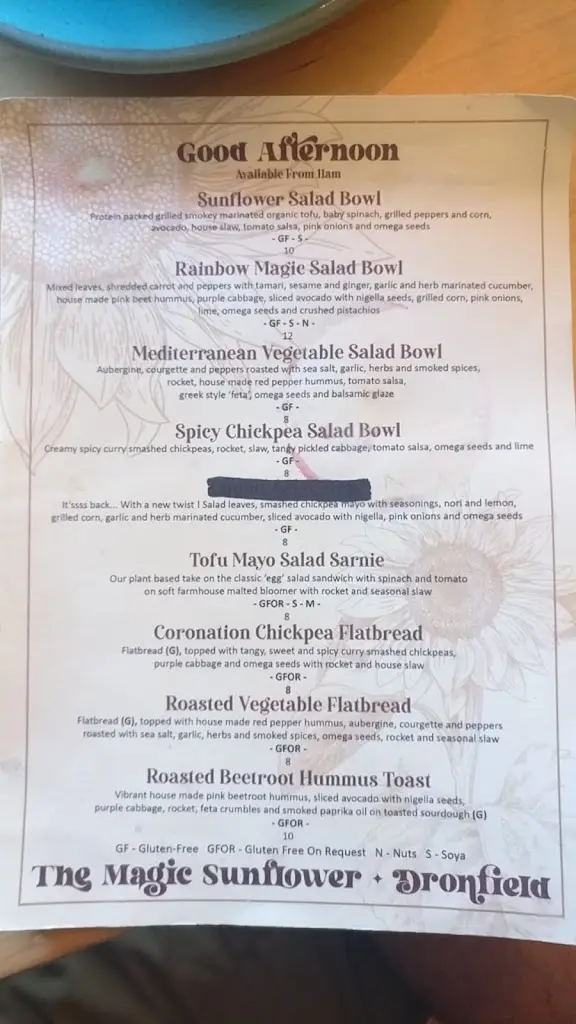 Menu_The Magic Sunflower_Dronfield_image_2