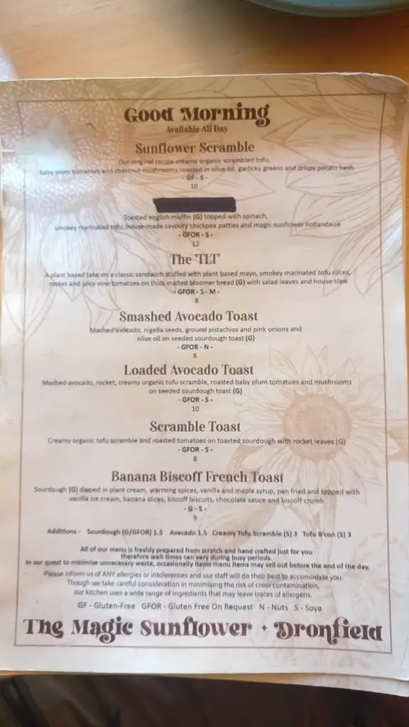 Menu_The Magic Sunflower_Dronfield_image_3