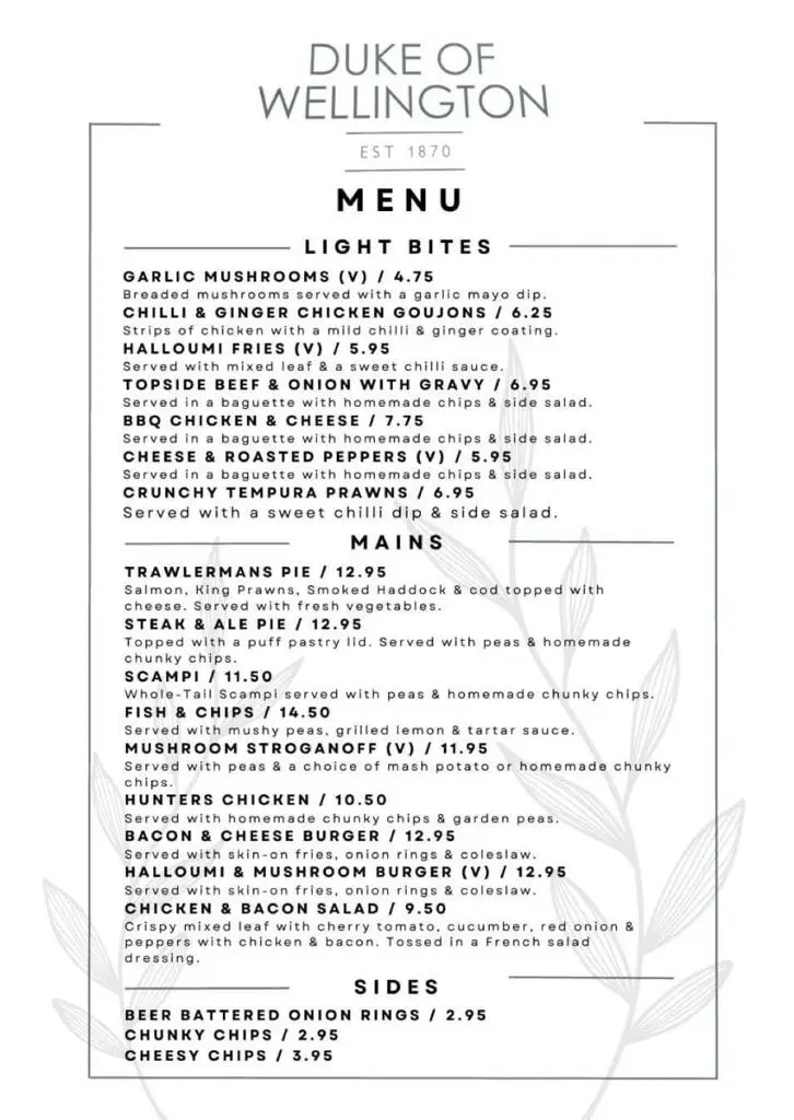 Menu_The Duke Of Wellington_East Keswick_image_1