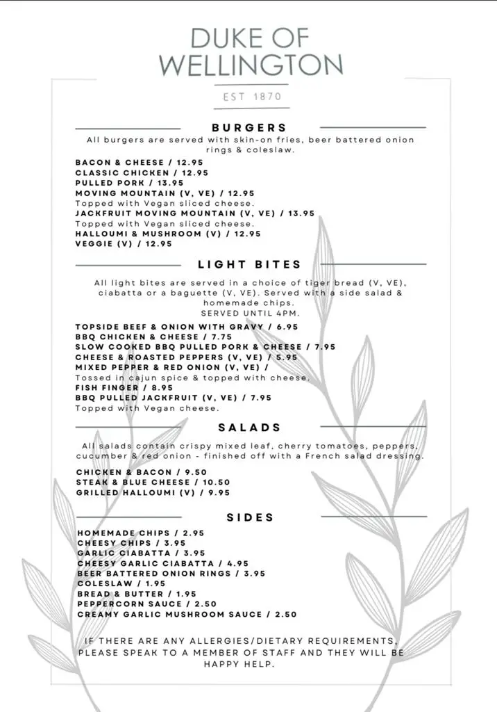 Menu_The Duke Of Wellington_East Keswick_image_2